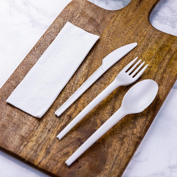 VW-KFSWN Vegware Compostable CPLA Cutlery Kit (6.5in knife, fork, spoon & napkin in bio film)